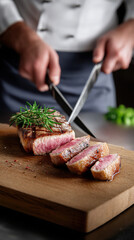 Juicy steak medium rare sliced wooden board chef knife rosemary grilled gourmet delicious meal