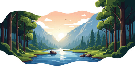 Serene river valley illustration with a winding watercourse through a forested mountain landscape at sunrise with warm tones.