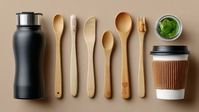 Eco-Friendly Tableware Arrangement: An artful arrangement of sustainable items, featuring a stainless steel water bottle, a wooden toothbrush, wooden spoons, forks, knife, and a coffee cup.