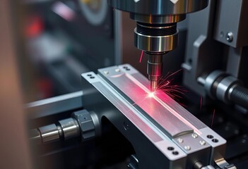 Close-up of CNC machine machining aluminum part, metal, efficiency