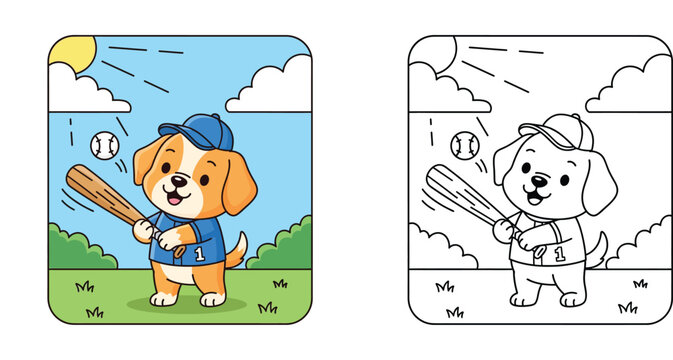 Cute Puppy Dog Character Playing Baseball Coloring Page and Colored Illustration for Kids Activity Book, Sports Theme Vector Graphic with Baseball Bat and Ball for Children Education
