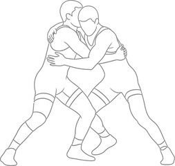 Fototapeta premium Line art illustration depicting two athletes locked in a close grappling stance during a competitive wrestling match symbolizing intense physical struggle and close combat sports technique practice