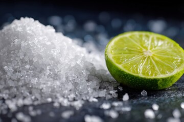 Close-up of lime and sea salt granules on dark surface