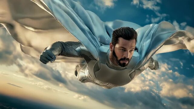 Powerful male superhero soaring through dramatic cloudy sky with flowing cape in cinematic action pose