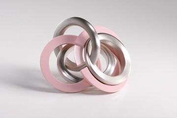 Fototapeta premium Abstract metallic and pink interlocking rings sculpture on white background