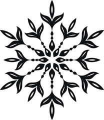 Snowflake vector icon, minimalist winter floral ornament, mandala element for Christmas card design, black isolated snowflake on white background, symmetrical folk art style