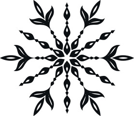 Snowflake vector icon, minimalist winter floral ornament, mandala element for Christmas card design, black isolated snowflake on white background, symmetrical folk art style