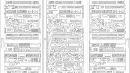 Obraz premium Detailed line art illustration of a server rack filled with electronic networking equipment and numerous tangled cables creating a complex abstract pattern of modern data infrastructure.