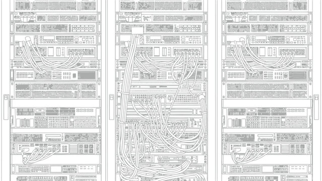 Detailed line art illustration of a server rack filled with electronic networking equipment and numerous tangled cables creating a complex abstract pattern of modern data infrastructure.
