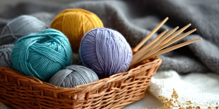 Colorful yarn balls and knitting needles in wicker basket on cozy blanket