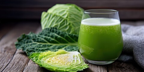 Fresh green cabbage juice in glass with whole and sliced cabbage on rustic wooden table