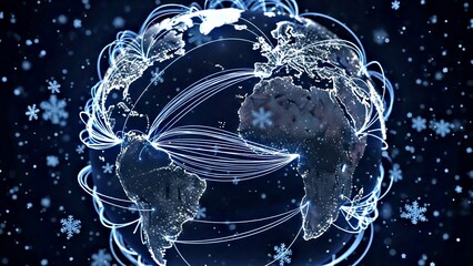 Global Network Connections Over Snow-Covered Earth: A Festive Digital Data Sphere