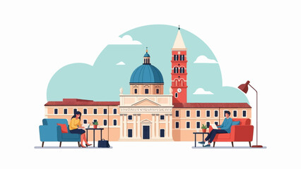 People relax near an ornate building with a dome and bell tower