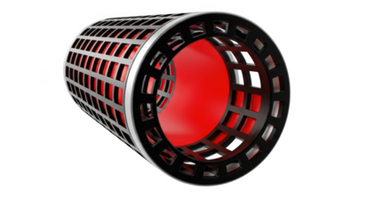 Black and silver modern decorative object with red interior on transparent background