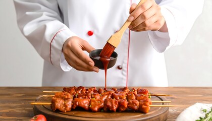 Chef Applying Sauce to Grilled Meat Skewers for Barbecue Feast in Modern Kitchen Setting