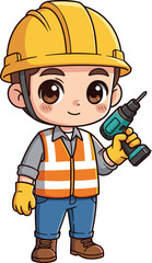 Construction worker, cartoon character, safety gear, hard hat, power drill, orange vest, vocational illustration, friendly expression, kids education, job sketch