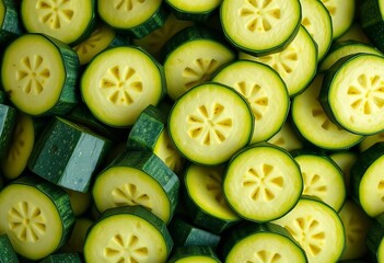 Endless repeating pattern of sliced zucchini, vibrant green hues, zucchini,  food