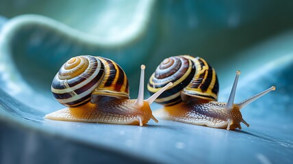 Detailed snails with spiral shells on blue background.