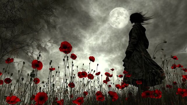 Horror story unfolds with a eerie figure in a dark field filled with red flowers at midnight under a full moon