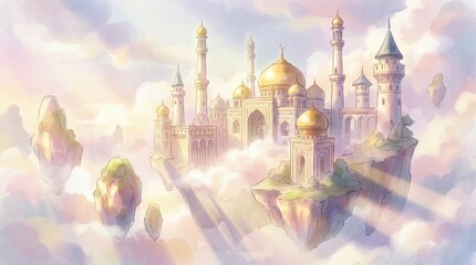 Fantasy castle floating on clouds with golden domes and towers in a dreamy landscape