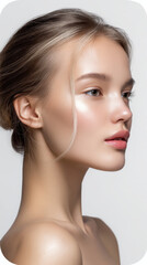 Elegant young woman with flawless skin, natural makeup, soft lighting, beauty portrait, serene expression, blonde hair, healthy glow