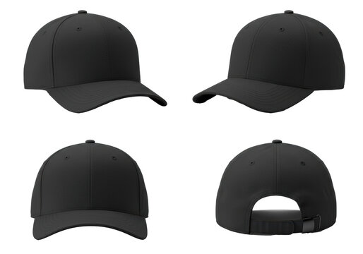 four unbranded, deep matte black cotton twill baseball caps displayed in four angles (front, side, three-quarter, back) against a seamless transparent background. Apparel template mockup concept