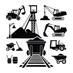 Mining Icon Set Featuring Excavators Industrial Machinery and Quarry Equipment
