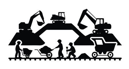 Construction Icon Set Featuring Excavators Workers and Earthmoving Site Machinery