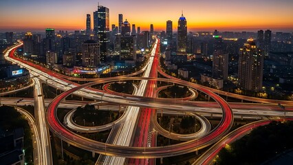 Fototapeta premium Dynamic City Skyline at Dusk with Illuminated Freeway Interchange and Streaking Car Lights