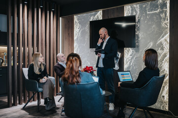 A man in a blazer presents to a small group in a contemporary office. The team sits in stylish chairs around a coffee table, listening to the speaker.