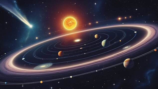 Illustration of the solar system with planets and comet - Powered by Adobe
