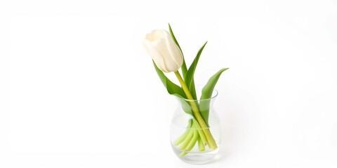 Single white tulip in a clear glass vase on a white background ,  tulip,  bright
