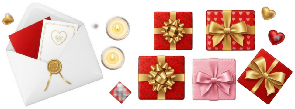 Red Gift png Pink Present cutout Golden Bow png White Envelope cutout Burning Candle png Romantic Heart cutout Festive Box png Tied Package cutout Sealed isolated transparent background image - Powered by Adobe
