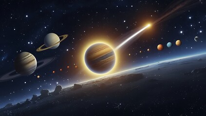 Solar system with planets and comet
