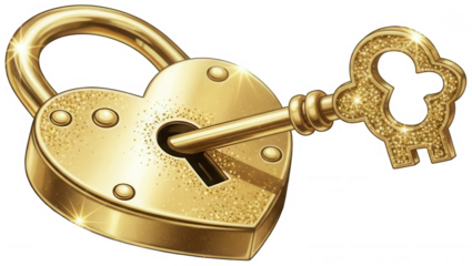 Valentine Heart shaped gold padlock and glitter key isolated on transparent background