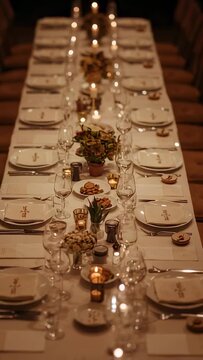 Vertical video: Sequence advancing, camera shifting over banquet table in room, with votive candles