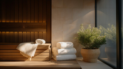 A beautifully arranged sauna with a minimalist aesthetic, guiding viewers into the calming benefits of using sauna as a crucial part of a health-focused lifestyle. cinematic color correction,