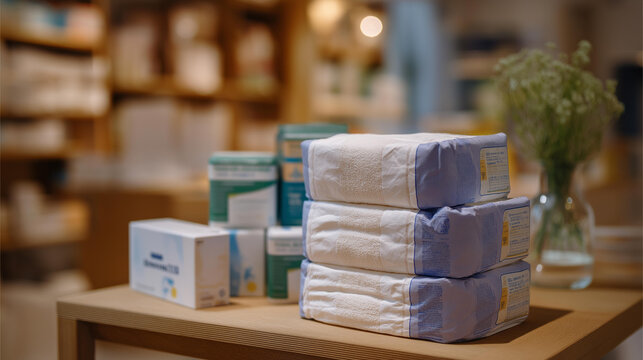 An adult diaper showcased alongside a variety of adult incontinence products in a pharmacy, emphasizing the range available that promotes dignity and comfort for those with incontinence issues,