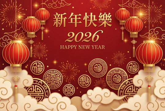 Curtains and lanterns decoration for 2026 chinese new year card design. Burning fireworks or firecrackers with salute, spotlights or searchlight, clouds. Asian holiday, CNY and spring festival theme