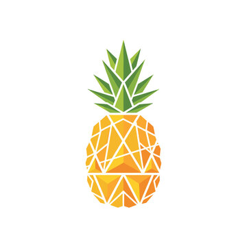A stylized, geometric illustration of a pineapple with a crown of green leaves and a segmented yellow body.