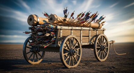 Fototapeta premium A sturdy, rustic rolling cart designed to haul massive quantities of archery projectiles across a historical battlefield or training ground, weapon, antique, defense