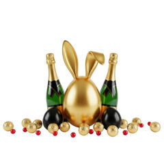 Golden bunny easter egg with champagne bottles isolated on transparent background