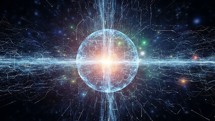 Fototapeta premium Abstract quantum energy sphere representing futuristic technology digital background with glowing particles and complex circuit networks for science