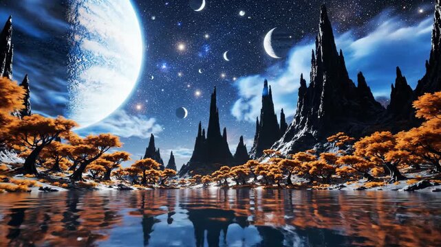 Enchanting cosmic landscape with a giant moon illuminating jagged mountains and surreal golden trees reflected on a tranquil lake at night
