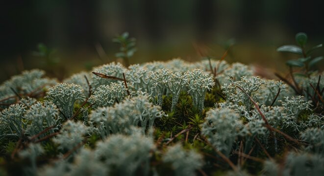 Close up of textured reindeer lichen and grey Icelandic moss growing on the ground in a damp forest with intense bokeh, detail, texture, ecology