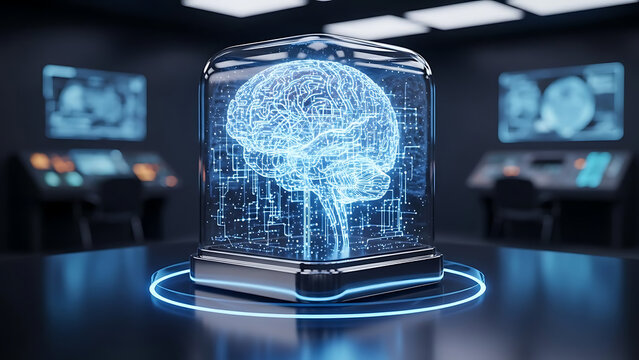 Glowing human brain wireframe inside futuristic glass dome symbolizes artificial intelligence neuroscience and deep learning research in high tech laboratory control room