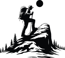 Professional hiking silhouette vector ideal for mountain adventure, trekking, outdoor lifestyle and tourism graphic design use.