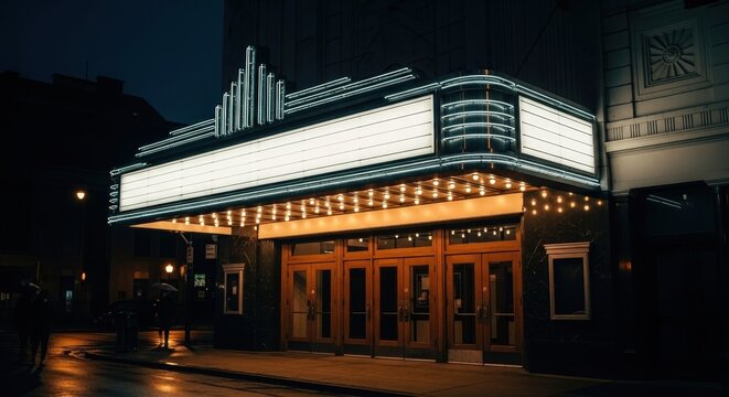 Retro movie theater marquee at night with neon lights. Vintage cinema or playhouse exterior. Entertainment venue with blank sign for copy space