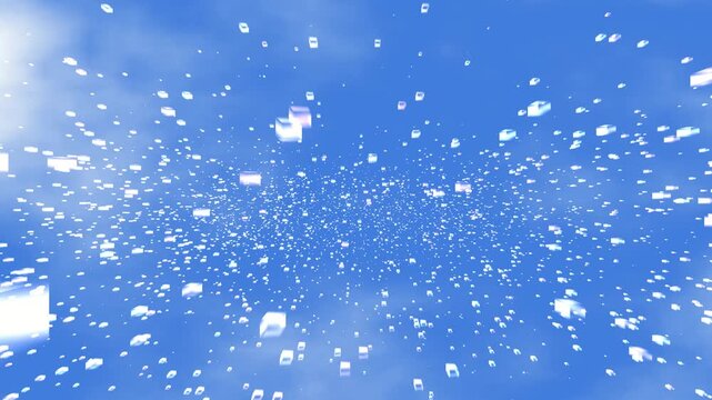 Abstract digital data stream visualization featuring bright white cubes accelerating rapidly through a bright blue sky.