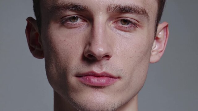 Close up portrait of a handsome young man looking directly at the camera. His expression transitions from neutral to a friendly smile
